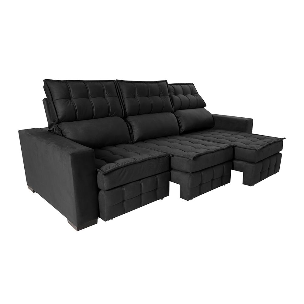 Sofá Retrátil e Reclinável 2,50m Molas Ensacadas e Costura Tripla Cama inBox Nobre Suede Preto