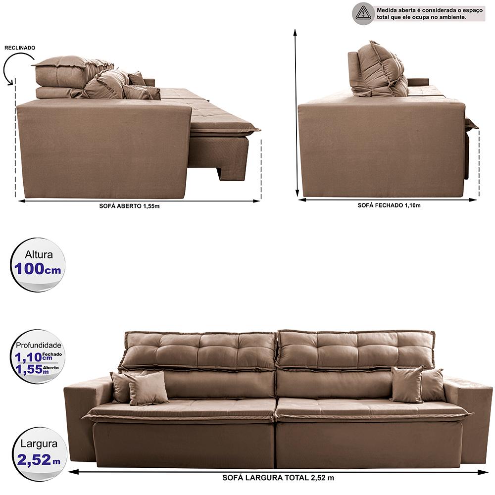 Sofá Retrátil e Reclinável 2,52m Luxos Cama inBox Velusoft Castor