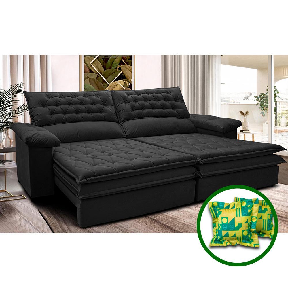 Sofá Retrátil e Reclinável 2,52m Molas Ensacadas Cama inBox Alemanha de Viscoelástico Velusoft Preto