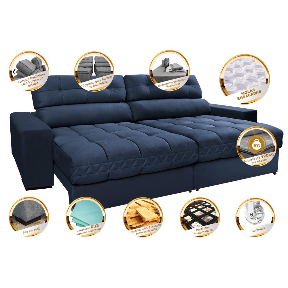 Sofá Retrátil e Reclinável 2,52m Molas Ensacadas Cama inBox Brasil Velusoft Azul