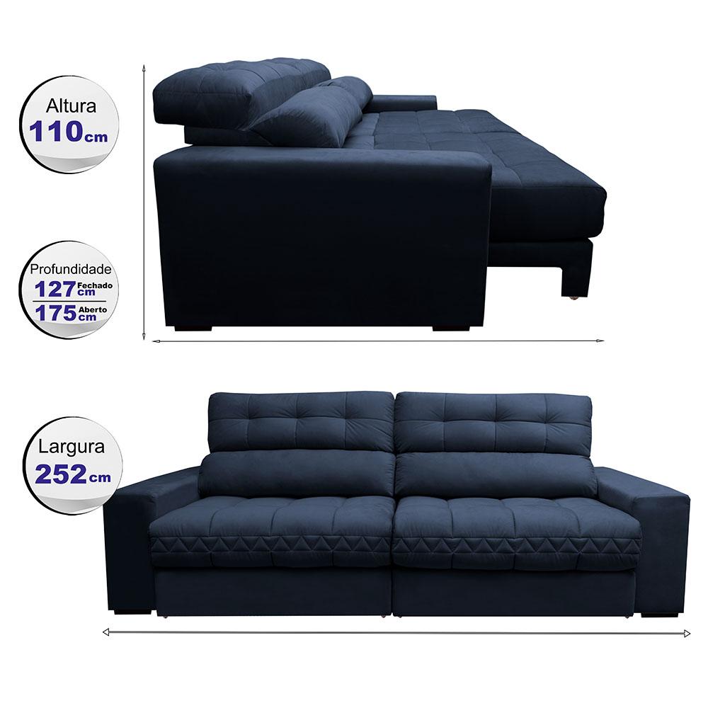 Sofá Retrátil e Reclinável 2,52m Molas Ensacadas Cama inBox Brasil Velusoft Azul