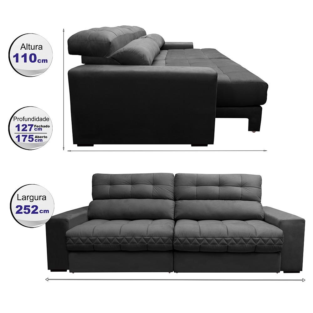 Sofá Retrátil e Reclinável 2,52m Molas Ensacadas Cama inBox Brasil Velusoft Cinza