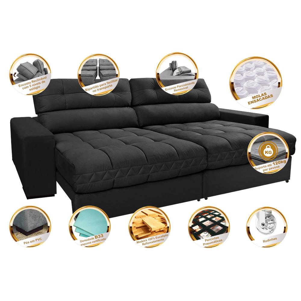 Sofá Retrátil e Reclinável 2,52m Molas Ensacadas Cama inBox Brasil Velusoft Preto