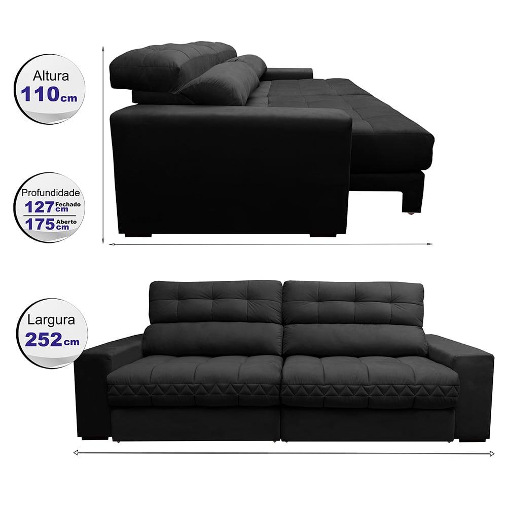 Sofá Retrátil e Reclinável 2,52m Molas Ensacadas Cama inBox Brasil Velusoft Preto