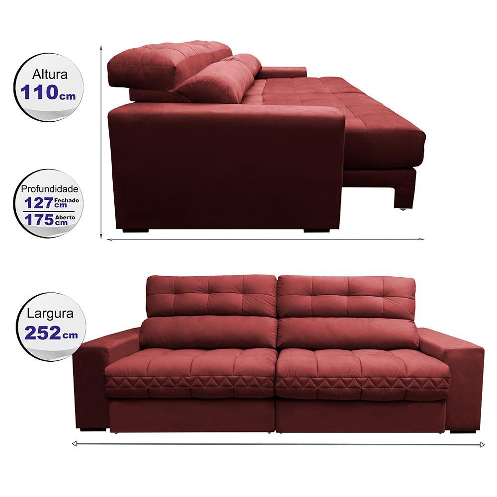 Sofá Retrátil e Reclinável 2,52m Molas Ensacadas Cama inBox Brasil Velusoft Vermelho