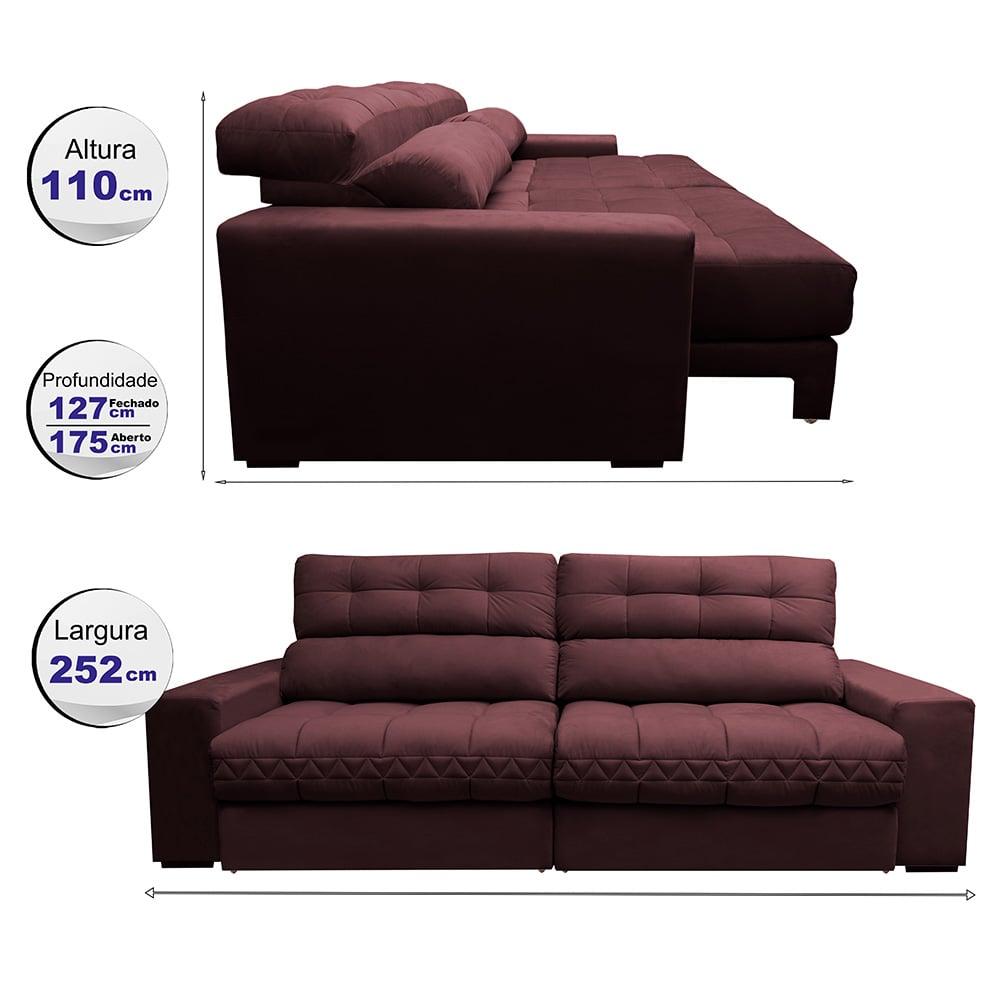 Sofá Retrátil e Reclinável 2,52m Molas Ensacadas Cama inBox Brasil Velusoft Vinho