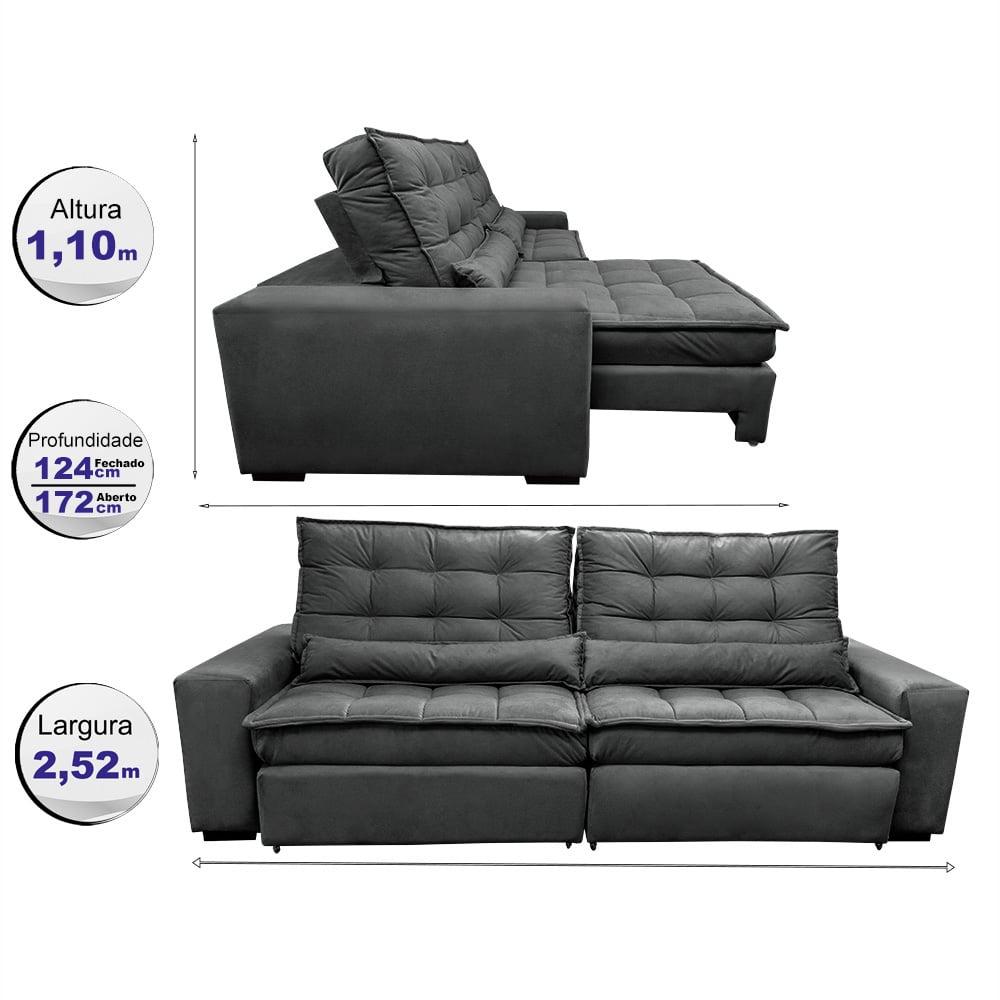 Sofá Retrátil e Reclinável 2,52m Molas Ensacadas Cama inBox Catar Velusoft Cinza