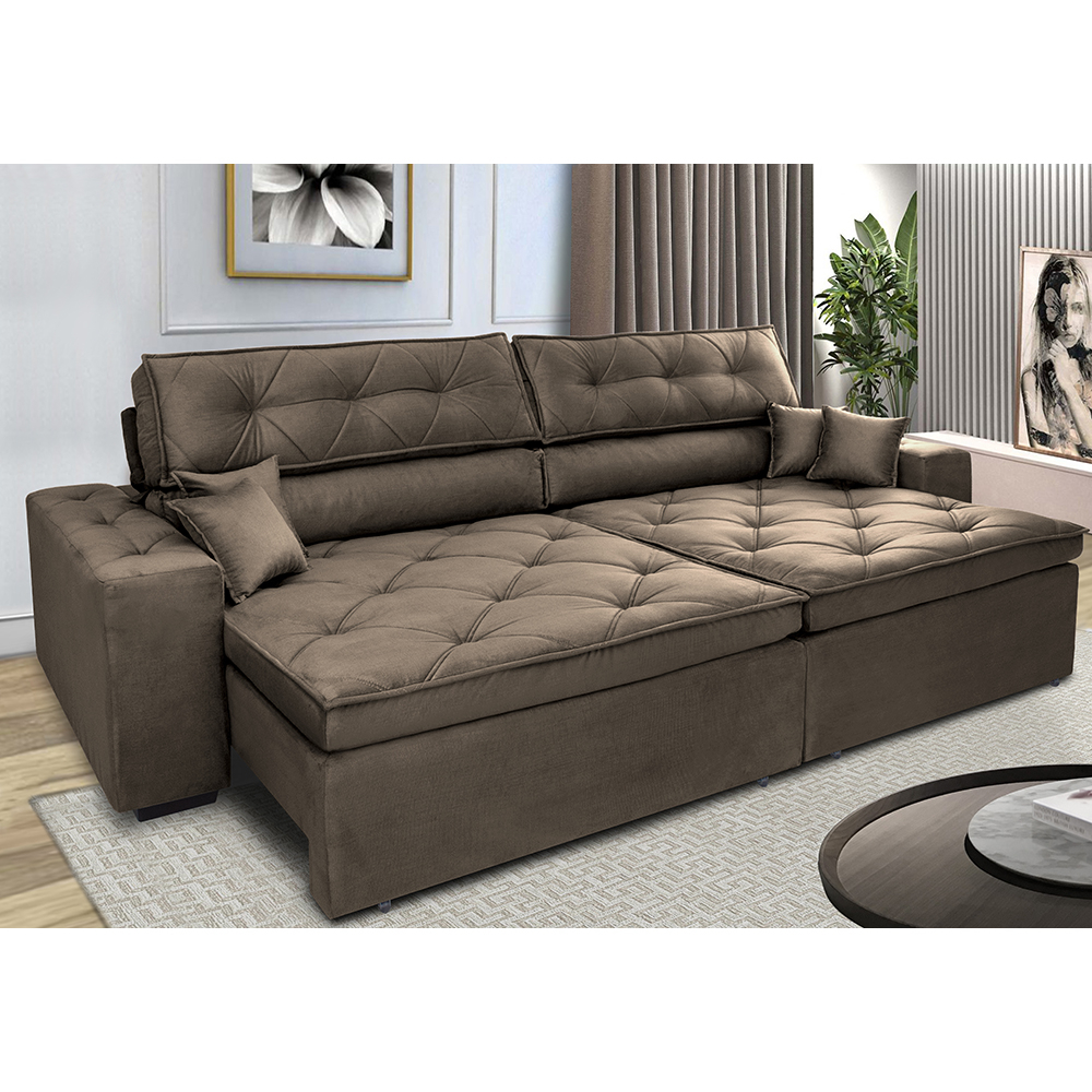 Sofá Retrátil e Reclinável 2,52m com Molas Cama inBox Estilo Suede Velusoft Café