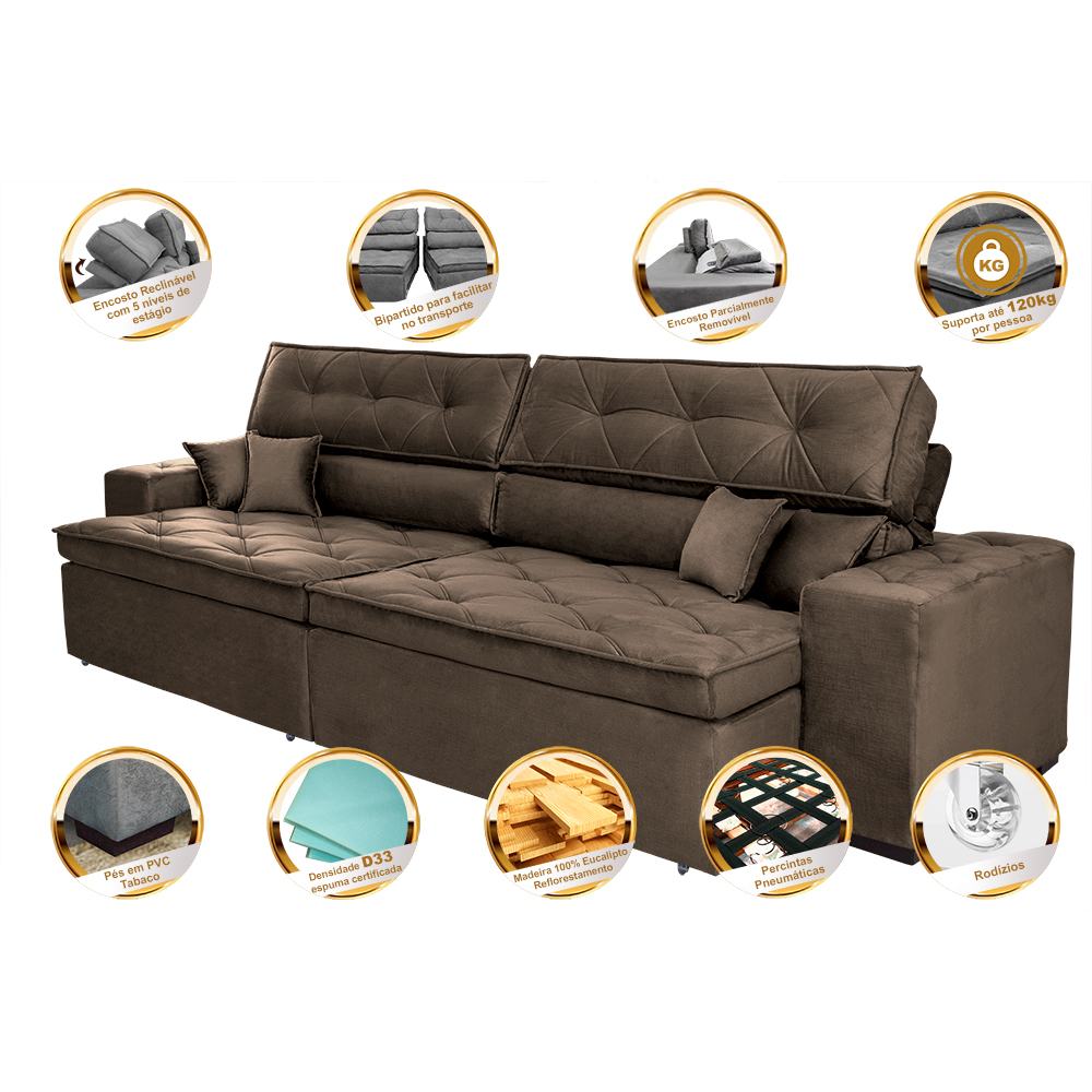 Sofá Retrátil e Reclinável 2,52m com Molas Cama inBox Estilo Suede Velusoft Café