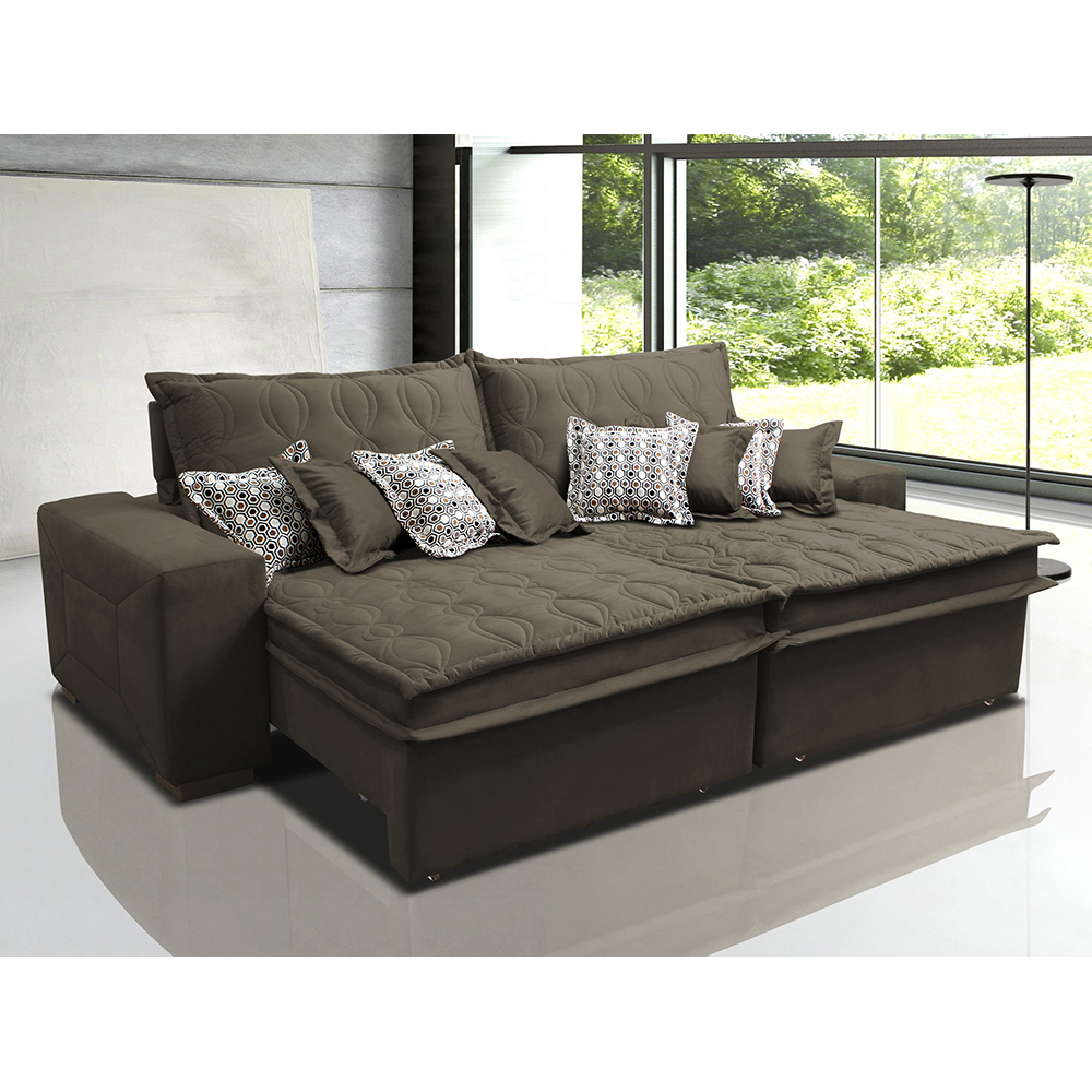 Sofá Retrátil e Reclinável 2,52m com Molas Ensacadas Cama Inbox Supreme Tecido Suede Velusoft Café