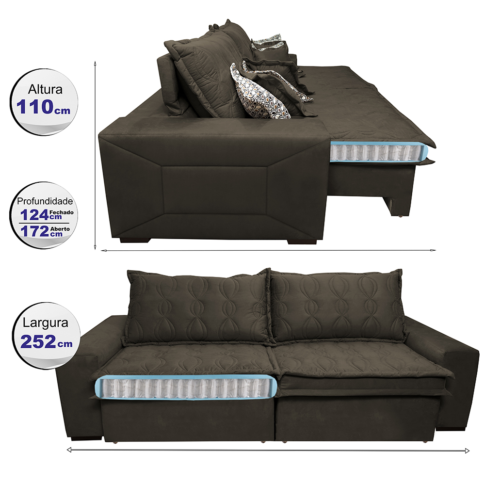Sofá Retrátil e Reclinável 2,52m com Molas Ensacadas Cama Inbox Supreme Tecido Suede Velusoft Café