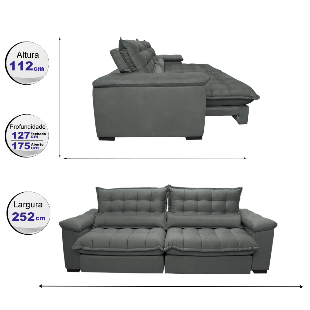 Sofá Retrátil e Reclinável 2,52m com Molas Ensacadas Cama inBox Aconchego Tecido Suede Cinza