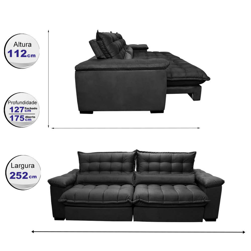Sofá Retrátil e Reclinável 2,52m com Molas Ensacadas Cama inBox Aconchego Tecido Suede Preto