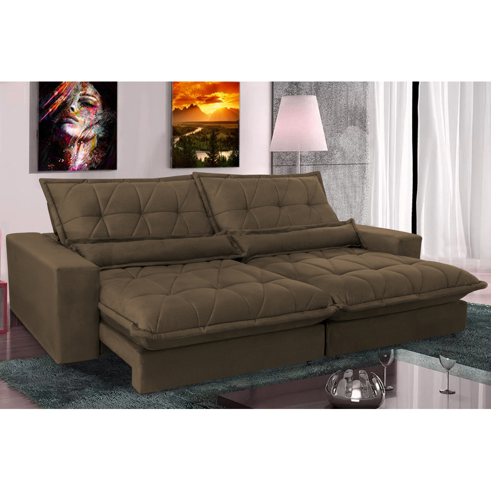 Sofá Retrátil e Reclinável 2,52m com Molas Ensacadas Cama inBox Soft Tecido Suede Café