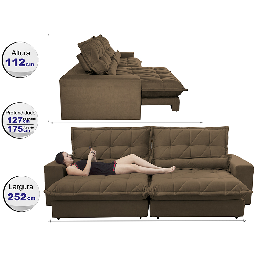 Sofá Retrátil e Reclinável 2,52m com Molas Ensacadas Cama inBox Soft Tecido Suede Café