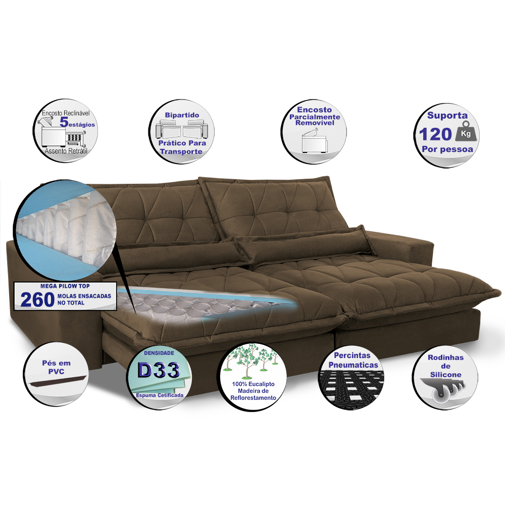 Sofá Retrátil e Reclinável 2,52m com Molas Ensacadas Cama inBox Soft Tecido Suede Café