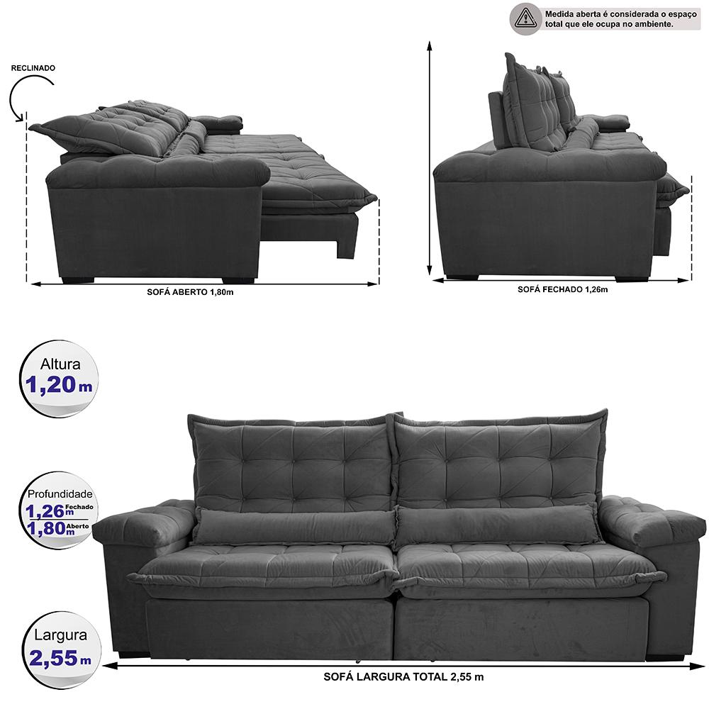 Sofá Retrátil e Reclinável 2,55m Cama inBox Big Fresh com SoftGel D40 Velupluma Cinza