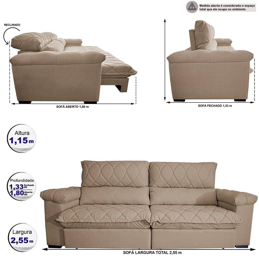 Sofá Retrátil e Reclinável 2,55m Molas Ensacadas Cama inBox Big Home com Bordado 3D Linho Bege Escuro