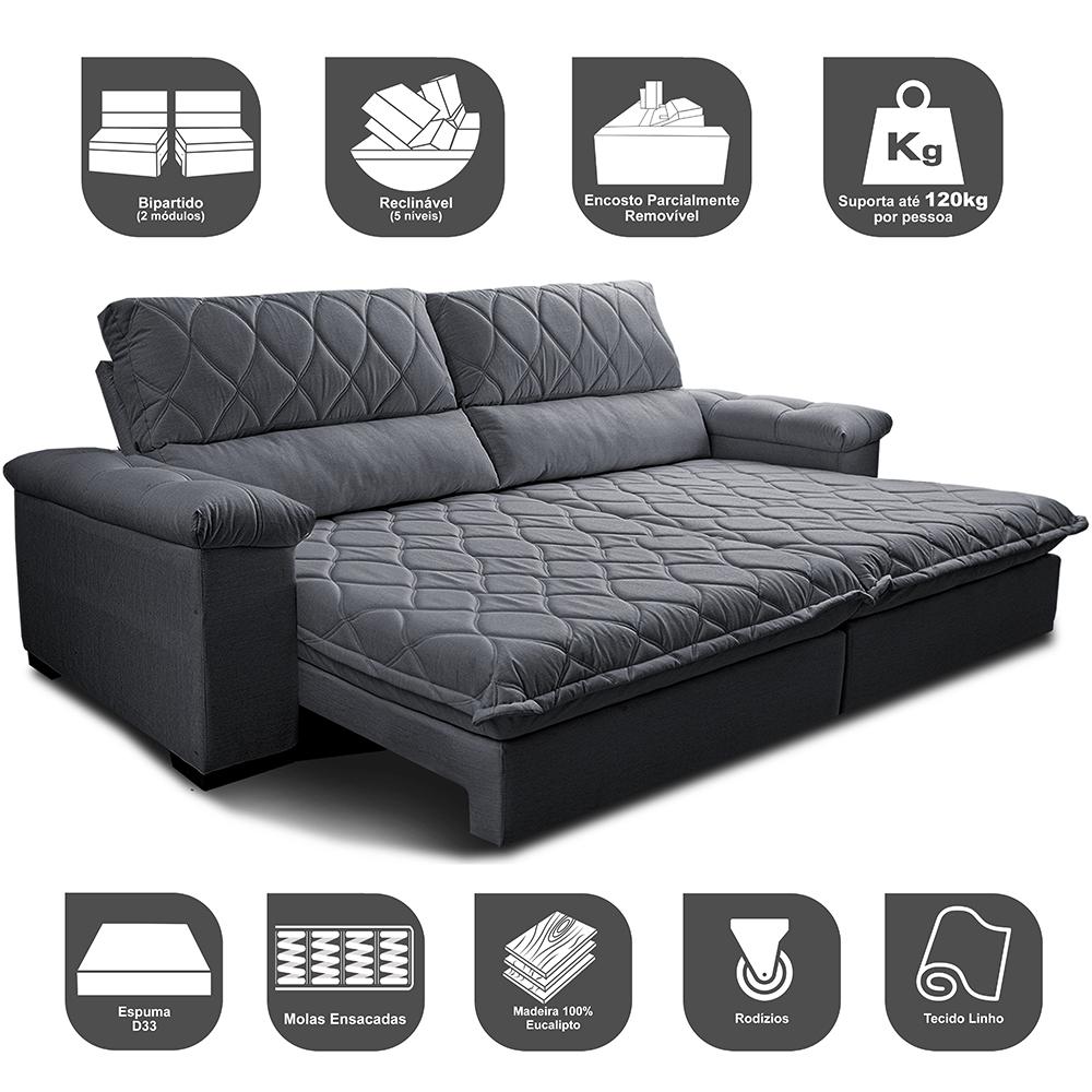 Sofá Retrátil e Reclinável 2,55m Molas Ensacadas Cama inBox Big Home com Bordado 3D Linho Cinza Escuro