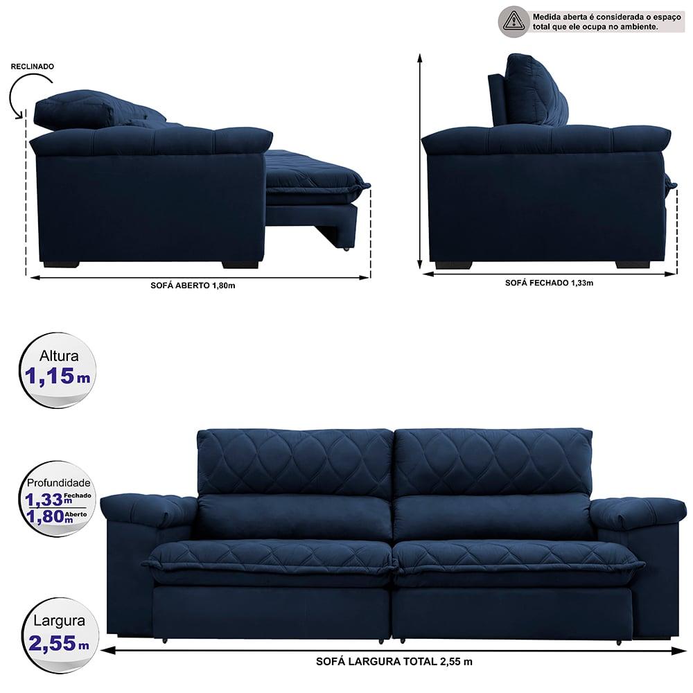 Sofá Retrátil e Reclinável 2,55m Molas Ensacadas Cama inBox Big Home com Bordado 3D Velusoft Azul