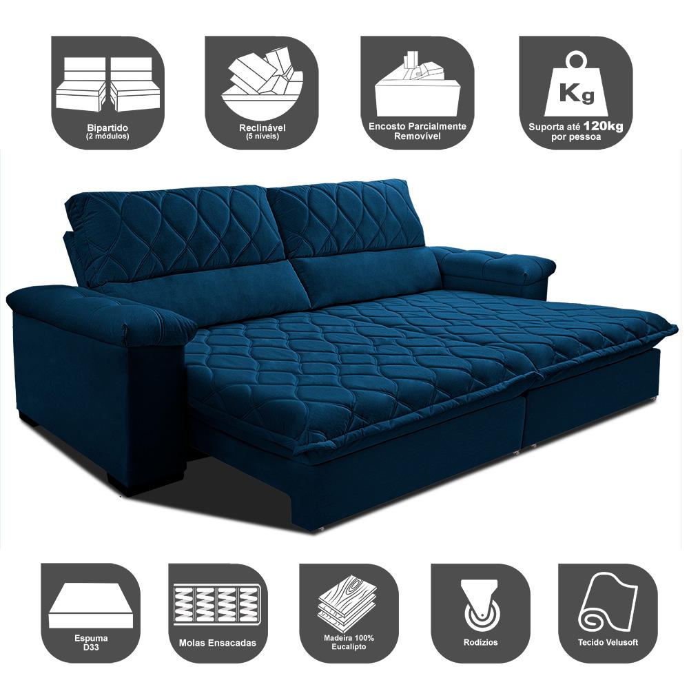 Sofá Retrátil e Reclinável 2,55m Molas Ensacadas Cama inBox Big Home com Bordado 3D Velusoft Azul