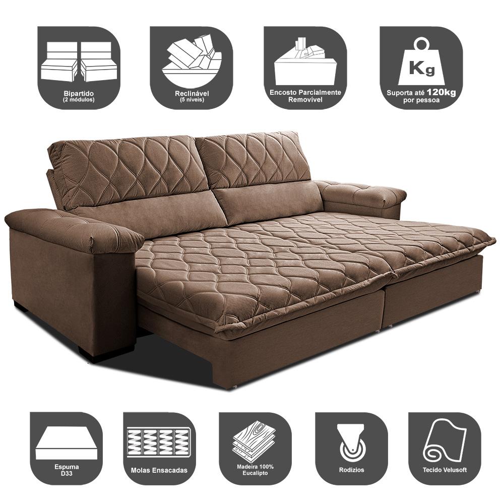 Sofá Retrátil e Reclinável 2,55m Molas Ensacadas Cama inBox Big Home com Bordado 3D Velusoft Castor