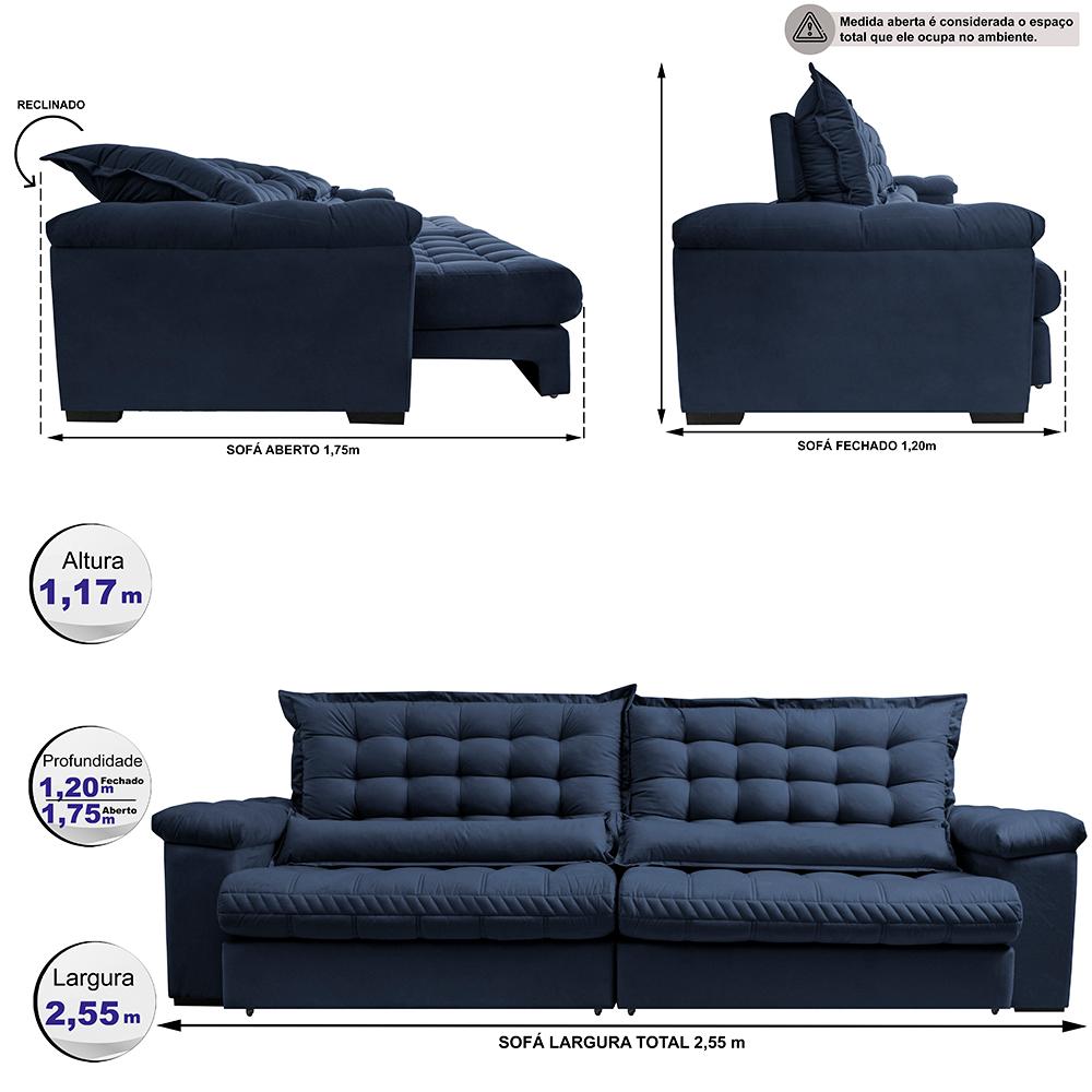 Sofá Retrátil e Reclinável 2,55m Molas Ensacadas Cama inBox Big Space com Bordado 3D Velusoft Azul