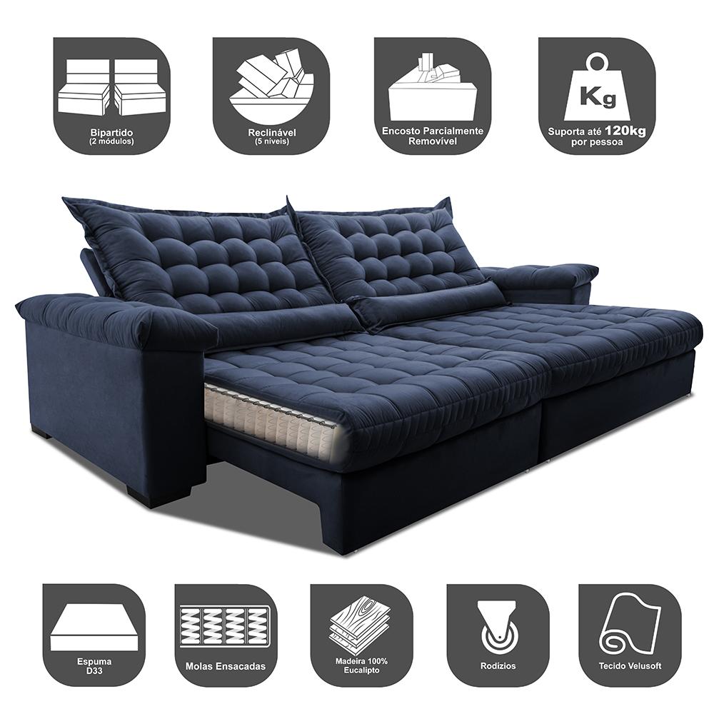 Sofá Retrátil e Reclinável 2,55m Molas Ensacadas Cama inBox Big Space com Bordado 3D Velusoft Azul