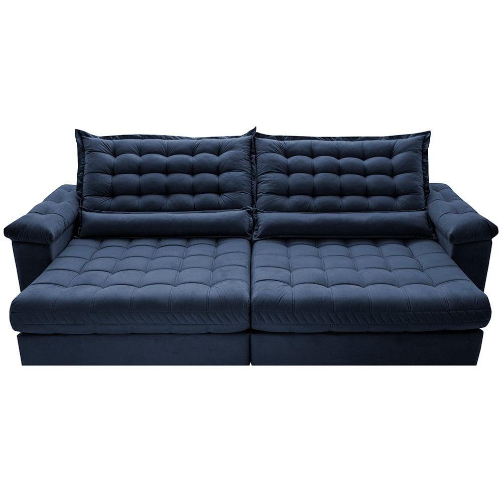 Sofá Retrátil e Reclinável 2,55m Molas Ensacadas Cama inBox Big Space com Bordado 3D Velusoft Azul