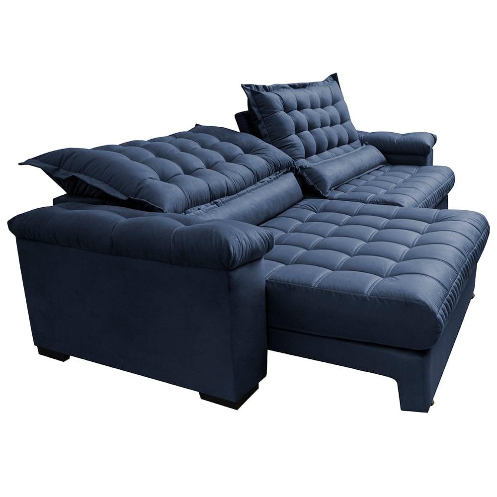 Sofá Retrátil e Reclinável 2,55m Molas Ensacadas Cama inBox Big Space com Bordado 3D Velusoft Azul