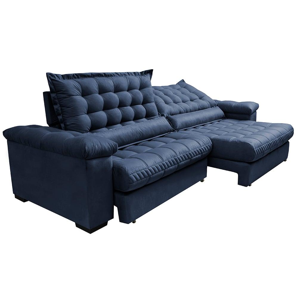 Sofá Retrátil e Reclinável 2,55m Molas Ensacadas Cama inBox Big Space com Bordado 3D Velusoft Azul