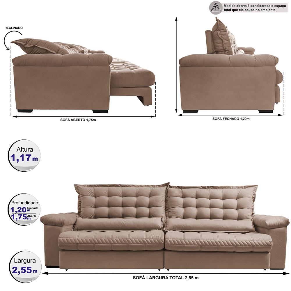 Sofá Retrátil e Reclinável 2,55m Molas Ensacadas Cama inBox Big Space com Bordado 3D Velusoft Bege