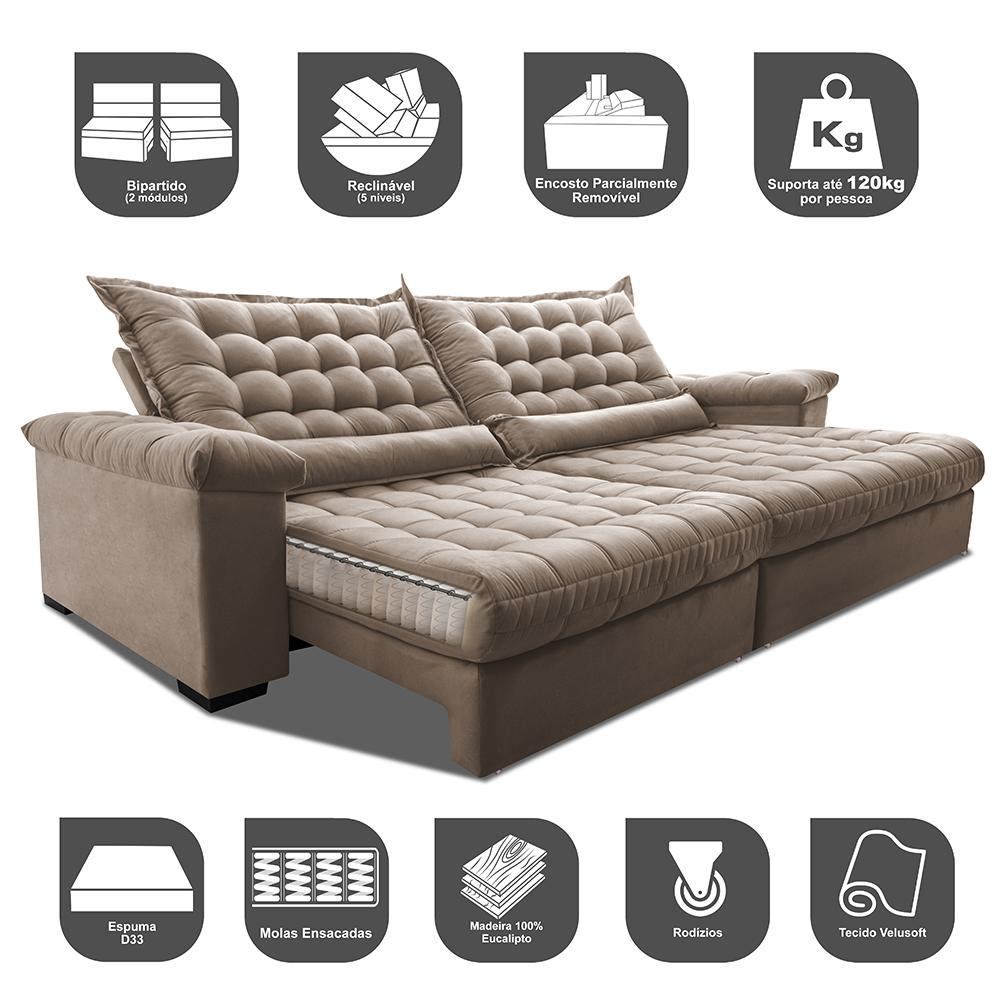 Sofá Retrátil e Reclinável 2,55m Molas Ensacadas Cama inBox Big Space com Bordado 3D Velusoft Bege