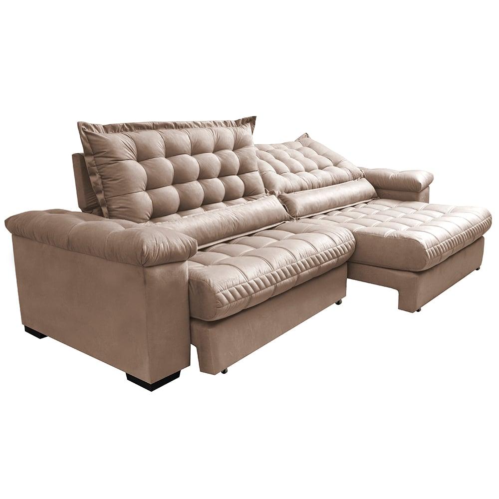 Sofá Retrátil e Reclinável 2,55m Molas Ensacadas Cama inBox Big Space com Bordado 3D Velusoft Bege