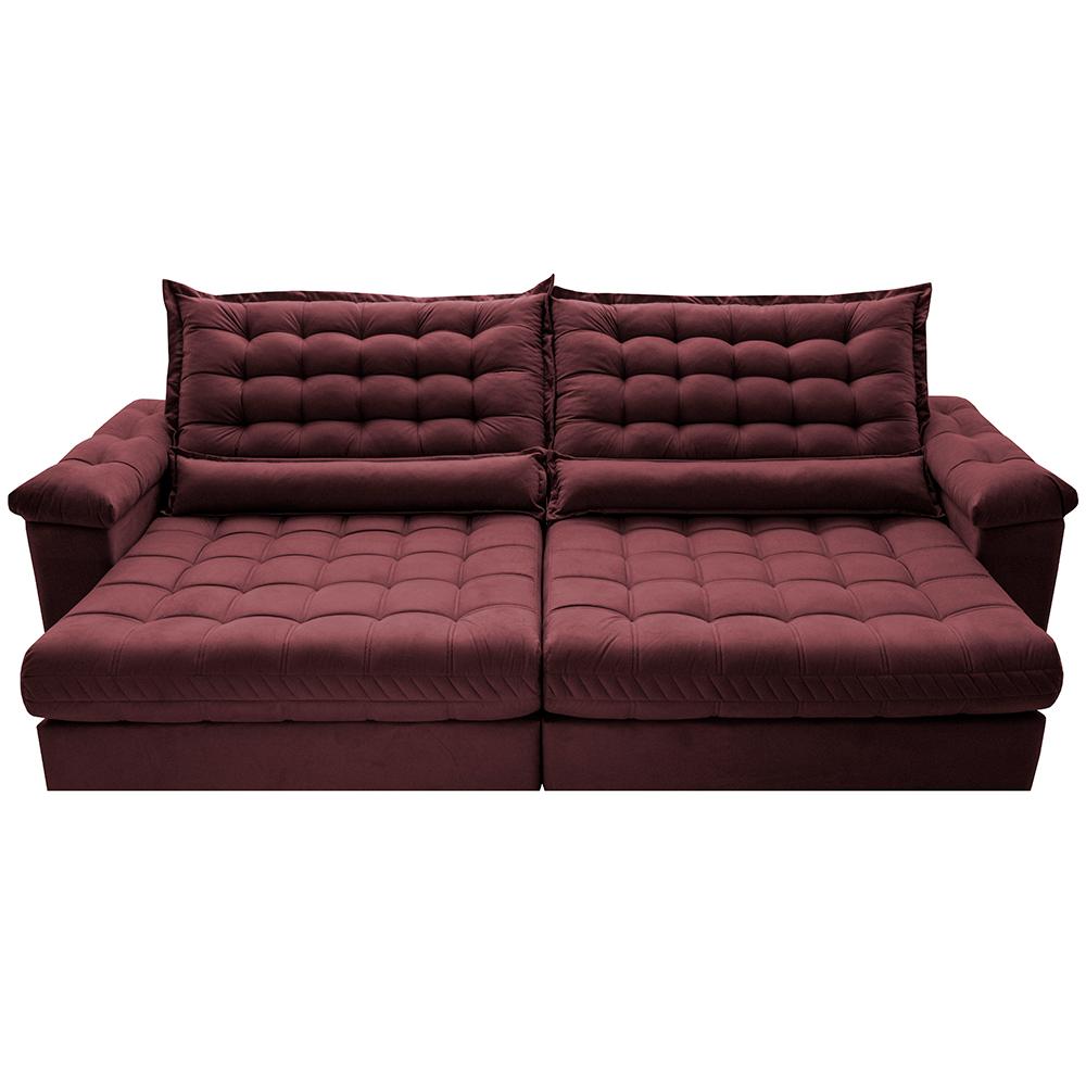 Sofá Retrátil e Reclinável 2,55m Molas Ensacadas Cama inBox Big Space com Bordado 3D Velusoft Vinho
