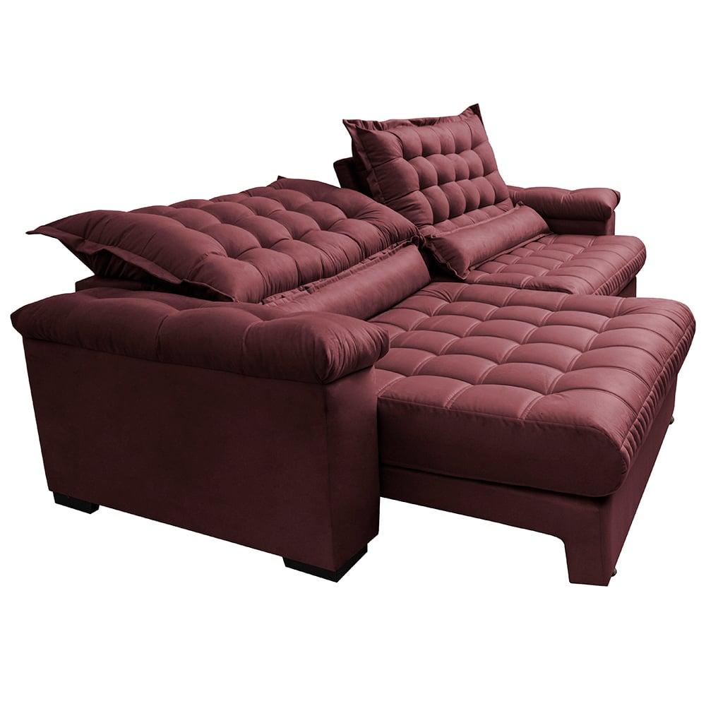 Sofá Retrátil e Reclinável 2,55m Molas Ensacadas Cama inBox Big Space com Bordado 3D Velusoft Vinho