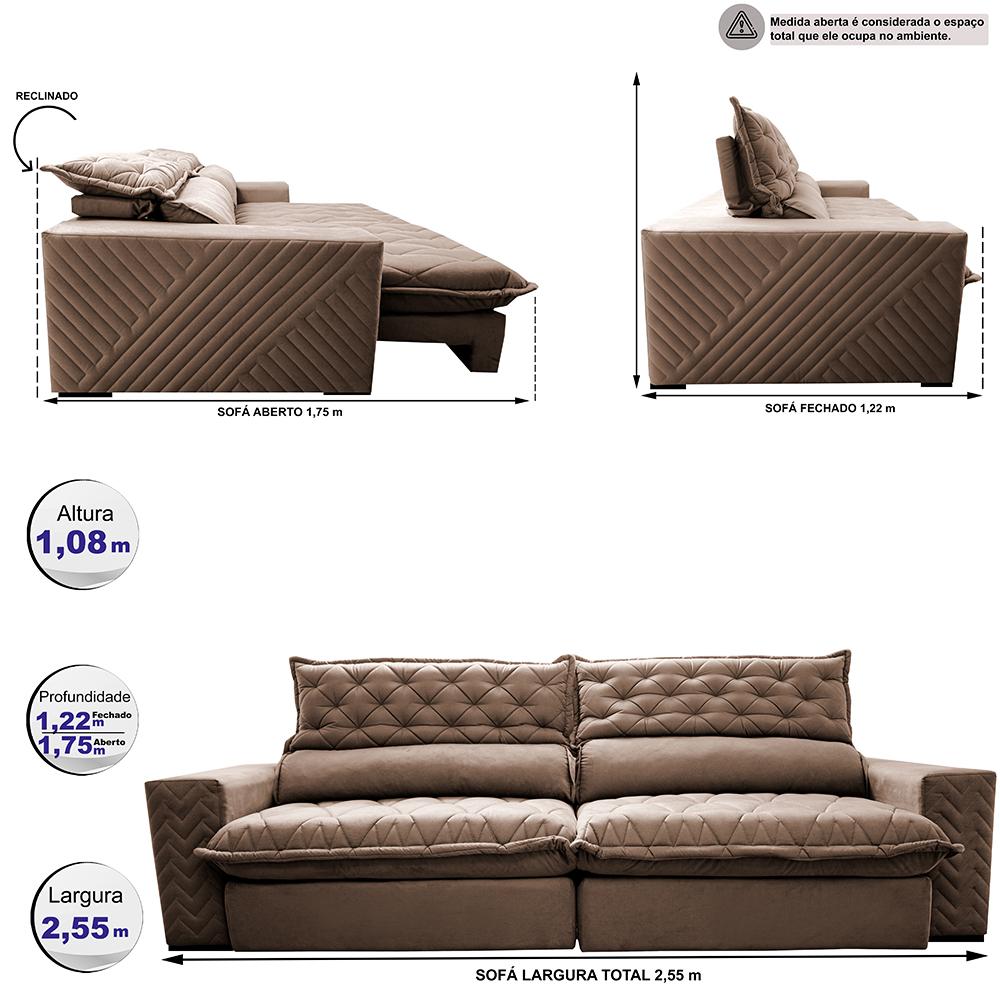 Sofá Retrátil e Reclinável 2,55m Molas Ensacadas Cama inBox Spazus com Bordado 3D Velusoft Castor