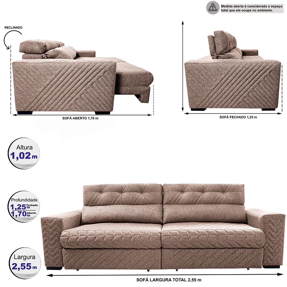 Sofá Retrátil e Reclinável 2,55m Molas Ensacadas Cama inBox Style Thermo Gel Linho Bege Escuro