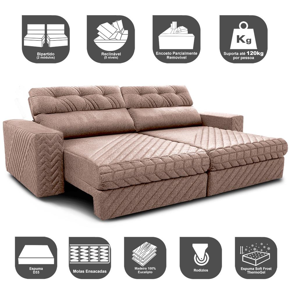 Sofá Retrátil e Reclinável 2,55m Molas Ensacadas Cama inBox Style Thermo Gel Linho Bege Escuro