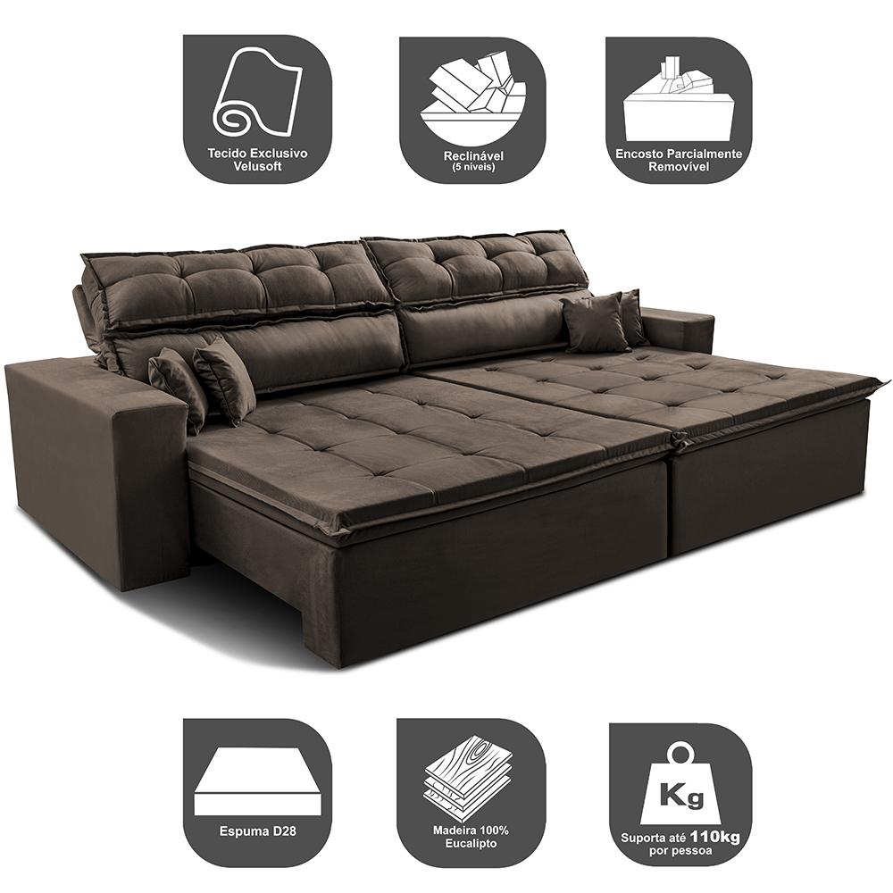 Sofá Retrátil e Reclinável 2,72m Luxos Cama inBox Velusoft Café