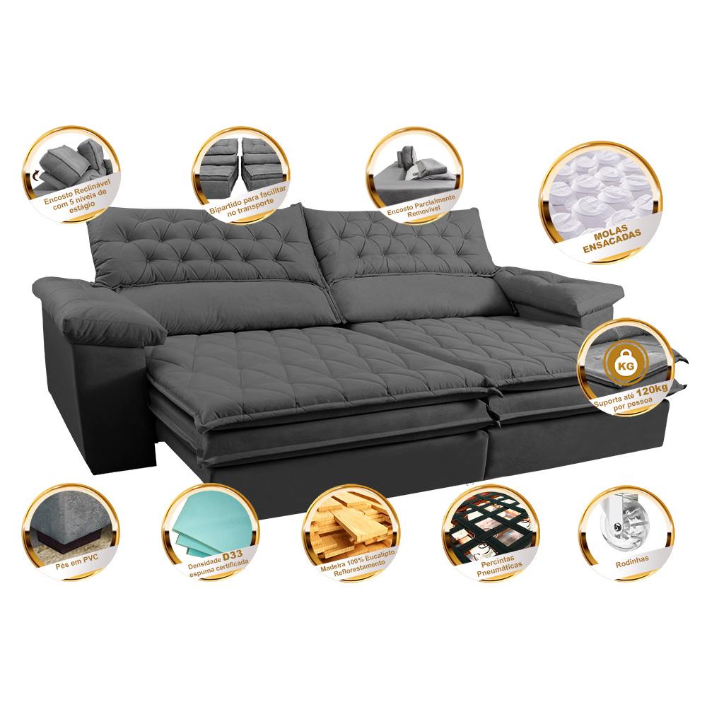 Sofá Retrátil e Reclinável 2,72m Molas Ensacadas Cama inBox Alemanha com Espuma Viscoelástico Velusoft Cinza