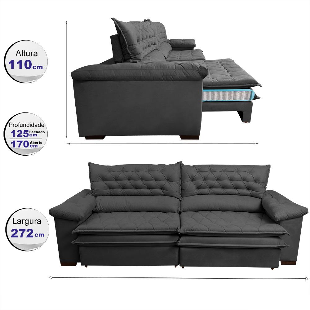 Sofá Retrátil e Reclinável 2,72m Molas Ensacadas Cama inBox Alemanha com Espuma Viscoelástico Velusoft Cinza