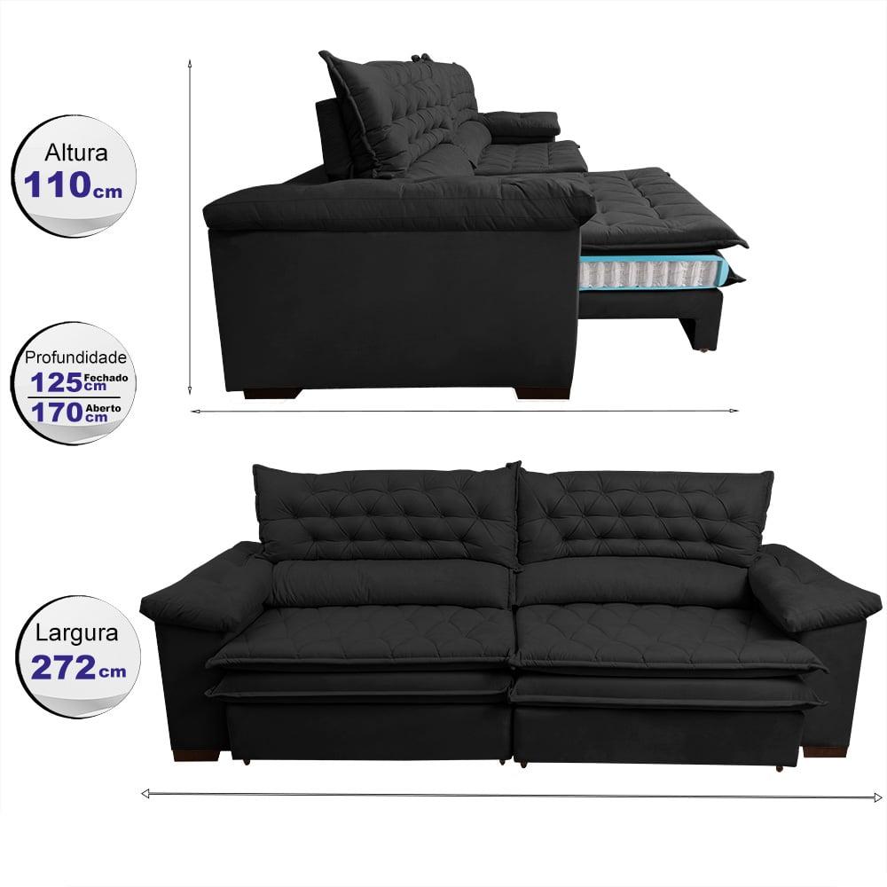 Sofá Retrátil e Reclinável 2,72m Molas Ensacadas Cama inBox Alemanha com Espuma Viscoelástico Velusoft Preto