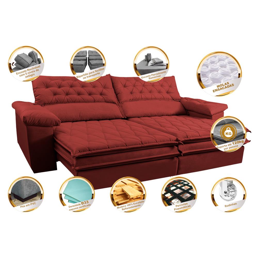 Sofá Retrátil e Reclinável 2,72m Molas Ensacadas Cama inBox Alemanha com Espuma Viscoelástico Velusoft Vermelho