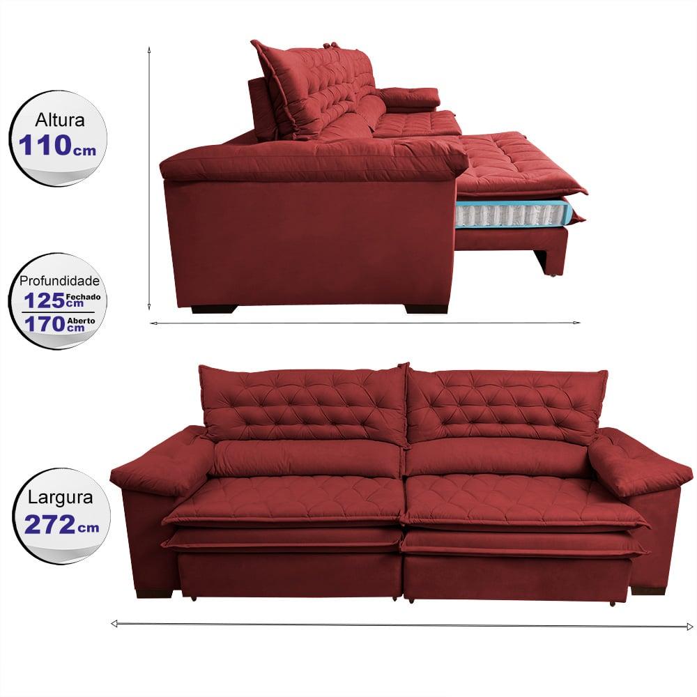 Sofá Retrátil e Reclinável 2,72m Molas Ensacadas Cama inBox Alemanha com Espuma Viscoelástico Velusoft Vermelho