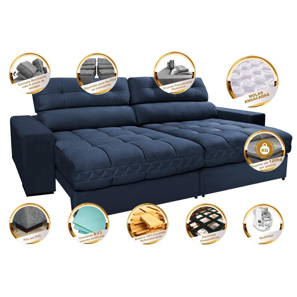 Sofá Retrátil e Reclinável 2,72m Molas Ensacadas Cama inBox Brasil Velusoft Azul