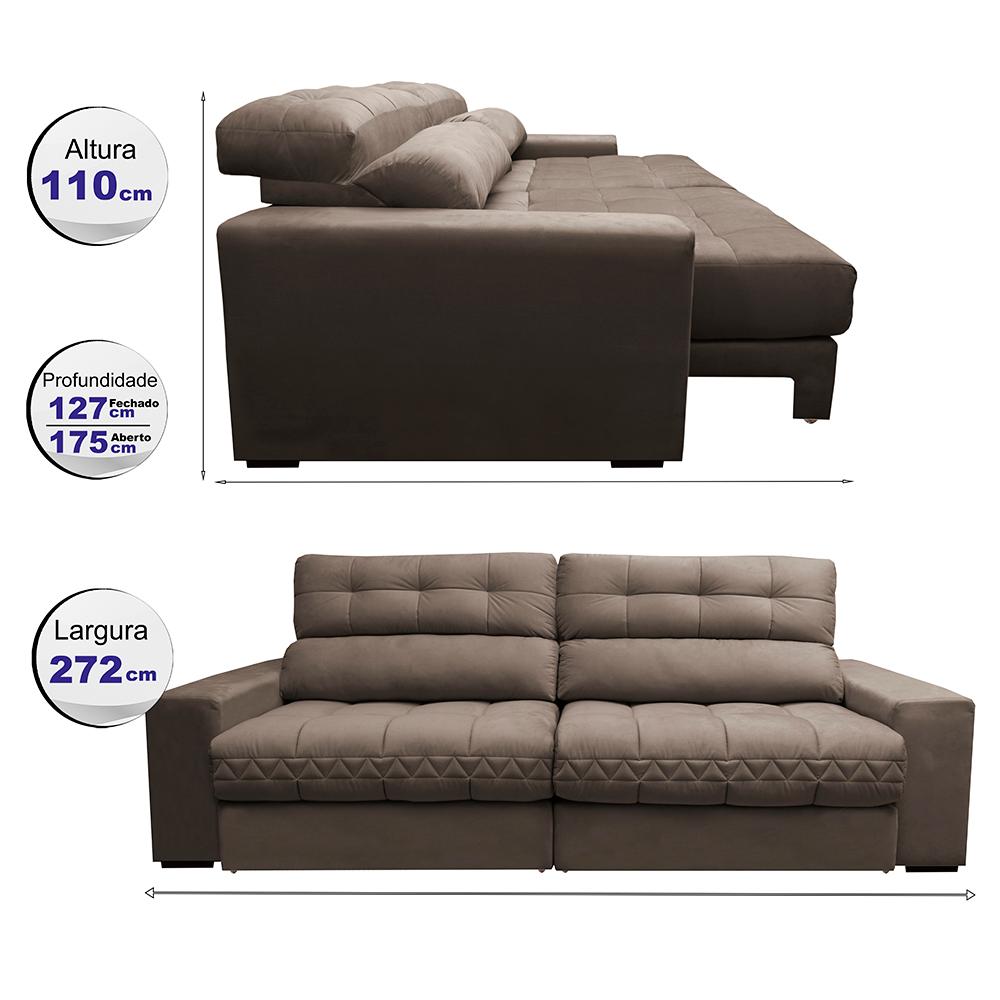 Sofá Retrátil e Reclinável 2,72m Molas Ensacadas Cama inBox Brasil Velusoft Castor