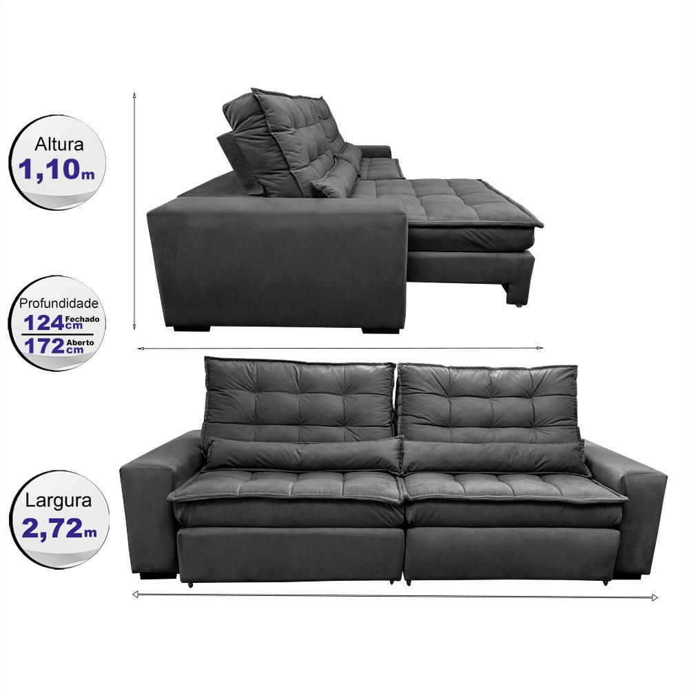 Sofá Retrátil e Reclinável 2,72m Molas Ensacadas Cama inBox Catar Velusoft Cinza