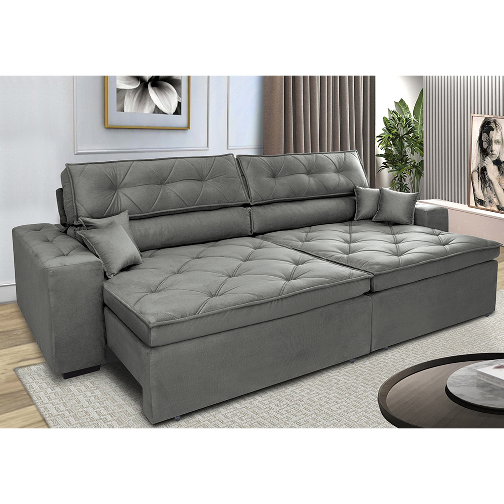 Sofá Retrátil e Reclinável 2,72m com Molas Cama inBox Estilo Suede Velusoft Cinza