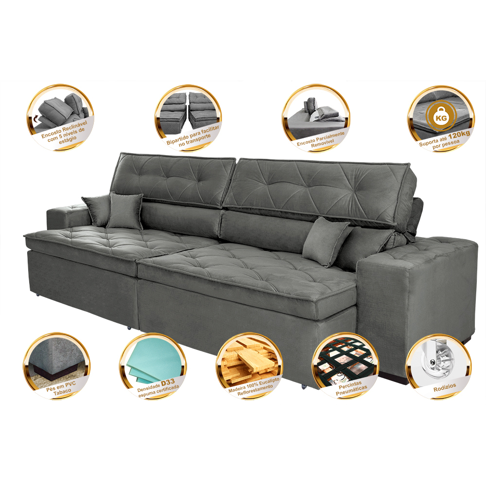 Sofá Retrátil e Reclinável 2,72m com Molas Cama inBox Estilo Suede Velusoft Cinza